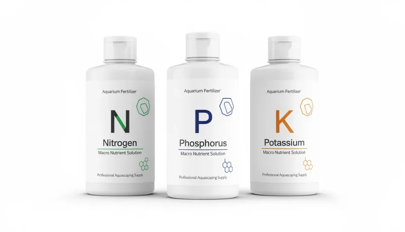 Drei Makronährstoff-Dünger für Aquarienpflanzen: Stickstoff, Phosphat und Kalium