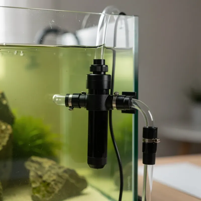 UV-Klärer am Filterkreislauf gegen grünes Wasser im Garnelenbecken
