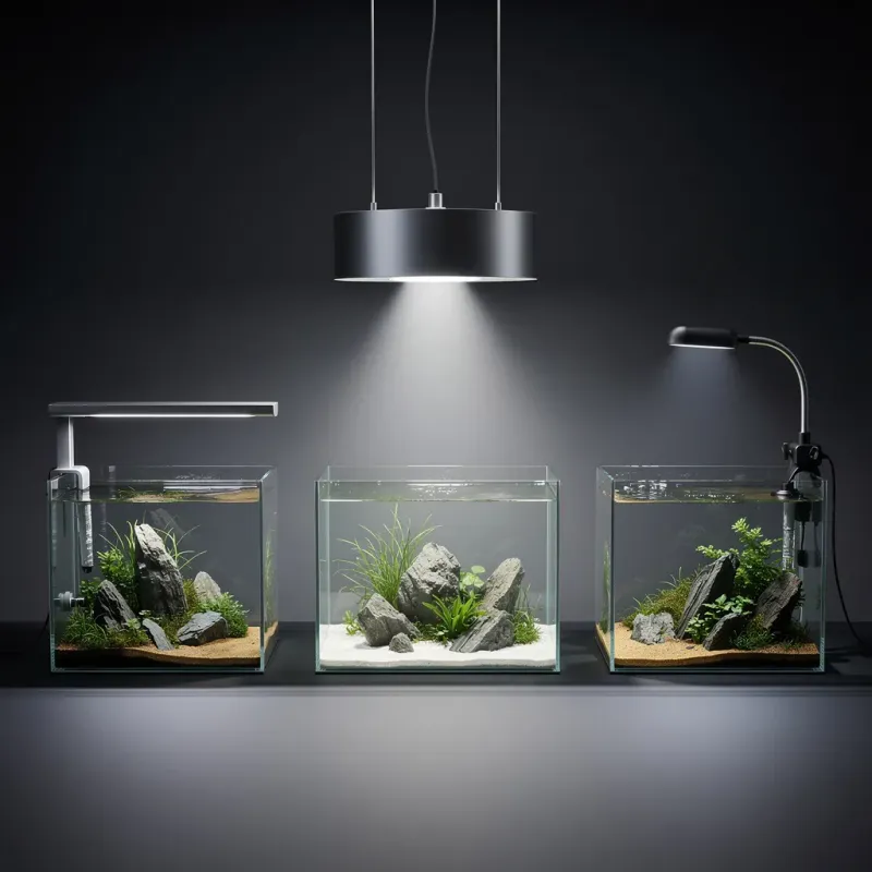 Drei LED-Leuchtentypen fürs Aquascaping: Aufsetzleuchte, Hängelampe und Clip-on-LED im Vergleich