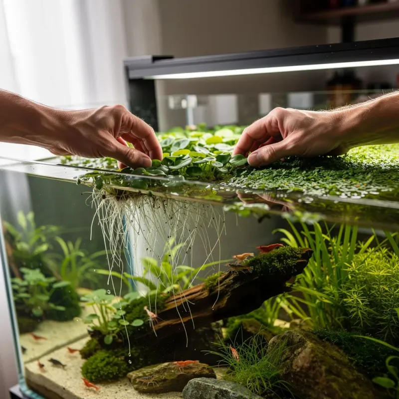 Schwimmpflanzen ausdünnen: Froschbiss wird aus dem Garnelen-Aquascape entfernt für mehr Licht
