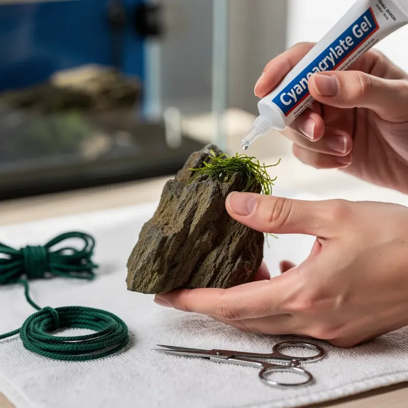 Moos wird mit Sekundenkleber-Gel auf einen Drachenstein für das Aquascape aufgeklebt