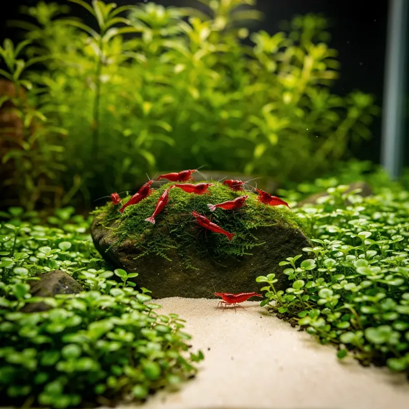 Nature-Aquarium-Detailaufnahme: Moosbedeckter Stein am Goldenen Schnitt mit grasenden Garnelen