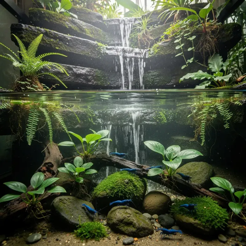 Paludarium mit Wasserfall, emersen Pflanzen und Blue-Dream-Garnelen im Wasserbereich