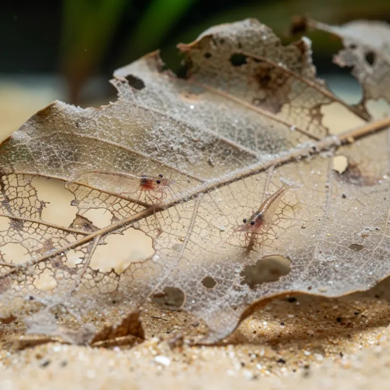 Seemandelbaumblatt mit Biofilm als Nahrungsquelle für winzige Garnelen-Babys