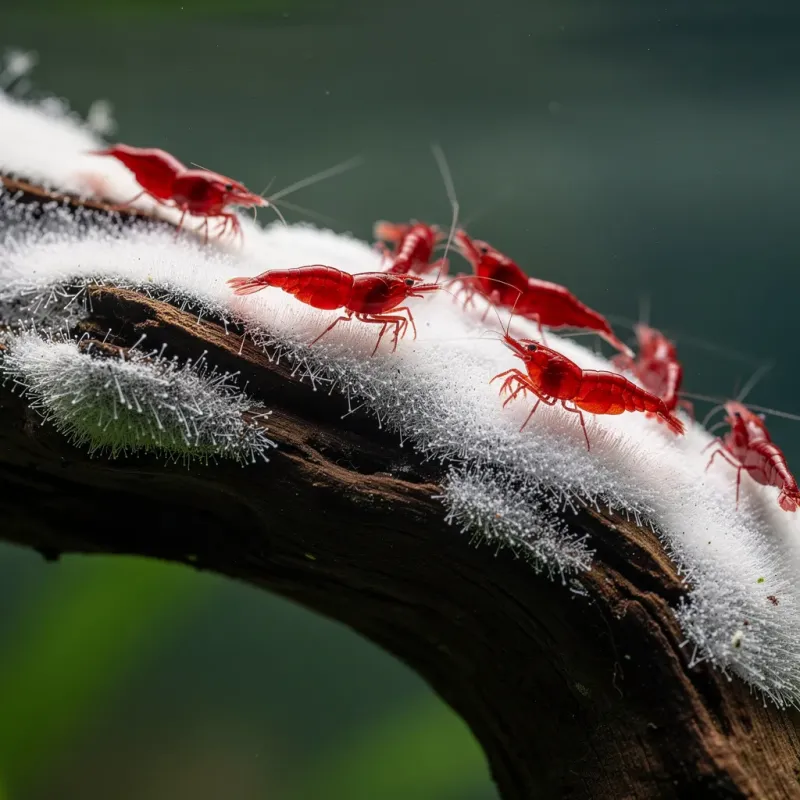 Garnelen fressen den weissen Bakterienbelag auf einer neuen Wurzel im Aquarium