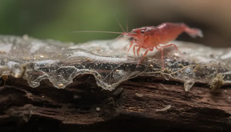 Nahaufnahme von Biofilm auf Aquarienwurzel mit einer Garnele beim Abgrasen