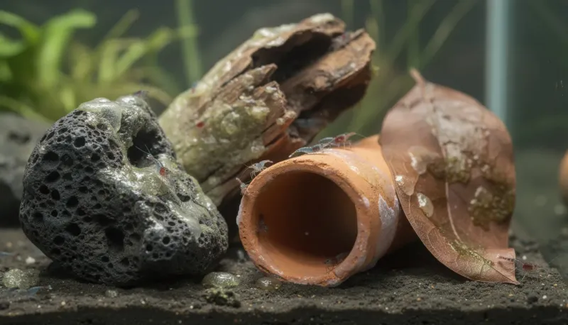 Biofilm-fördernde Oberflächen: Lavastein, Wurzelholz, Tonröhre und Seemandelbaumblatt