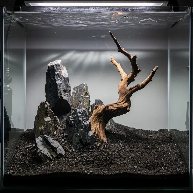 Hardscape-Aufbau im Garnelenbecken nach der Drittelregel mit Drachenstein