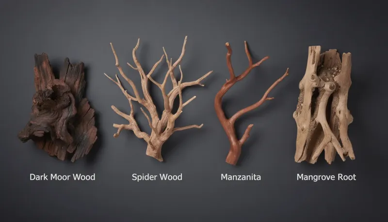 Verschiedene Wurzelholzarten für Aquarien: Moorwurzel, Spiderwood, Manzanita und Mangrove