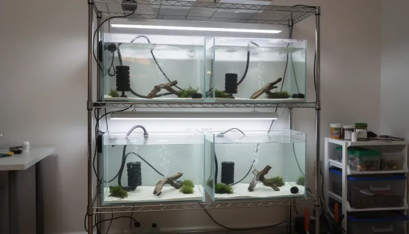 Funktionales Zuchtbecken-Regal mit sechs Aquarien, Schwammfiltern und LED-Beleuchtung