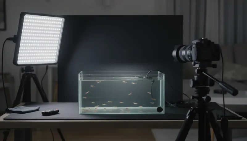 Garnelen-Fotografie-Setup: LED-Panel als Seitenlicht, dunkler Hintergrund und Stativ