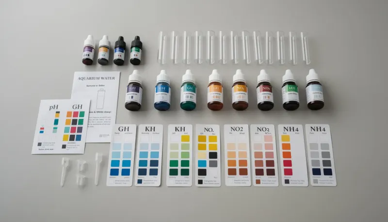 Komplett aufgeklapptes Wassertestkit mit allen Reagenzien für pH, GH, KH, Nitrit und Nitrat