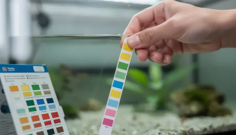 Teststreifen wird ins Aquarienwasser getaucht, bunte Testfelder sichtbar