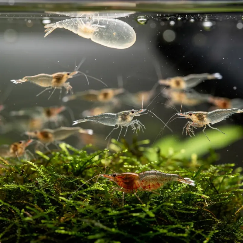 Paarungsschwimmen: männliche Neocaridina schwimmen hektisch durchs Becken nach Häutung eines Weibchens