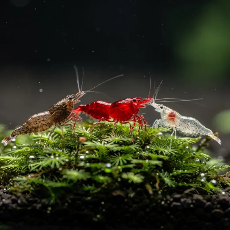 Neocaridina mit unterschiedlichen Phänotypen im Aquarium zeigen genetische Farbvariation von Wildtyp bis Zuchtform