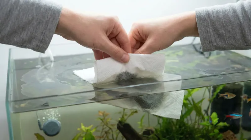 Kuechenpapier-Methode zum Entfernen der Kahmhaut von der Wasseroberfläche