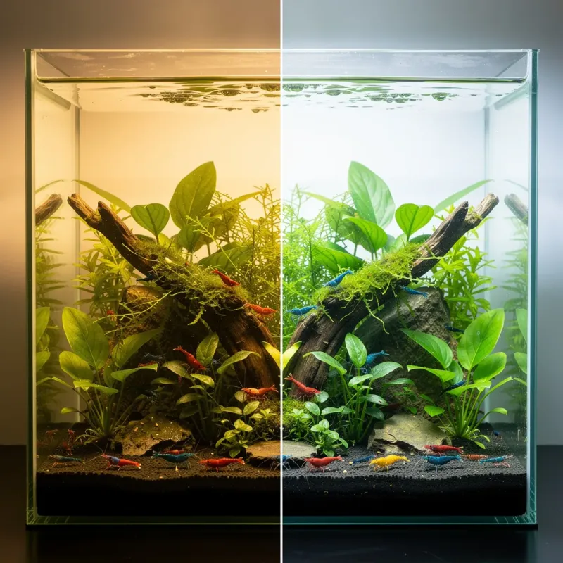 Farbtemperatur-Vergleich: Warmweiss vs. Tageslicht-LED am Garnelenbecken