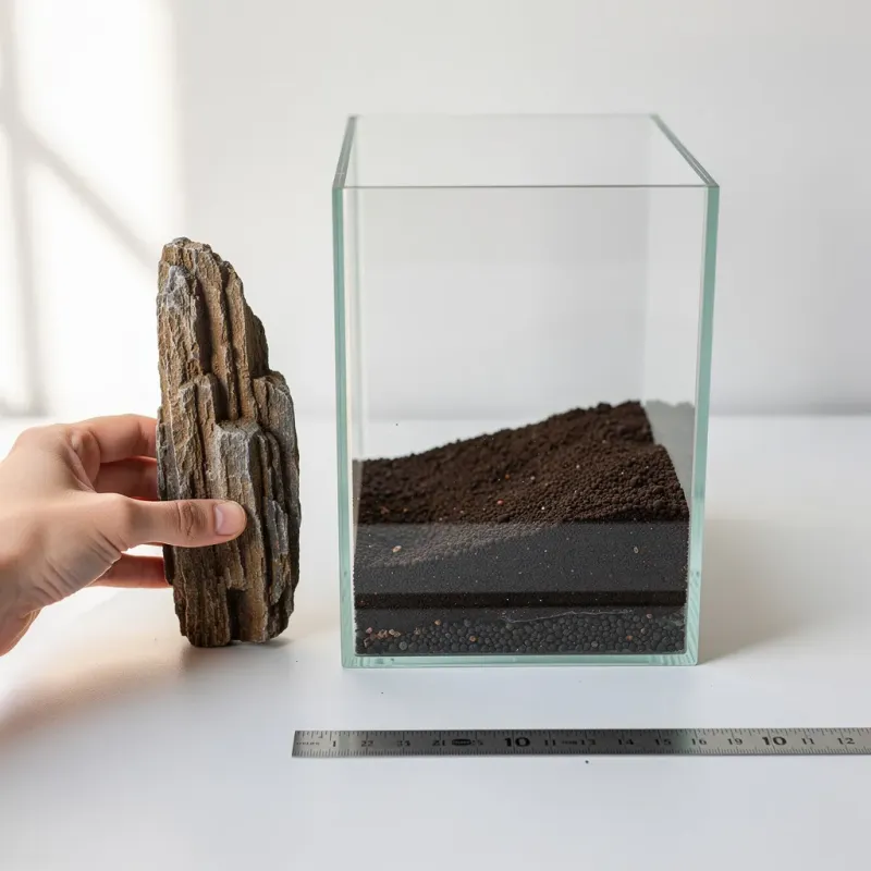 Proportions-Check: 5-cm-Stein wird neben Nano-Cube gehalten — ein Drittel der Beckenhöhe