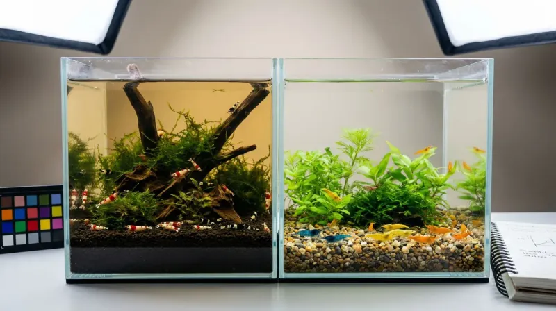 Zwei Aquarien im Vergleich: niedriger pH für Caridina, neutraler pH für Neocaridina