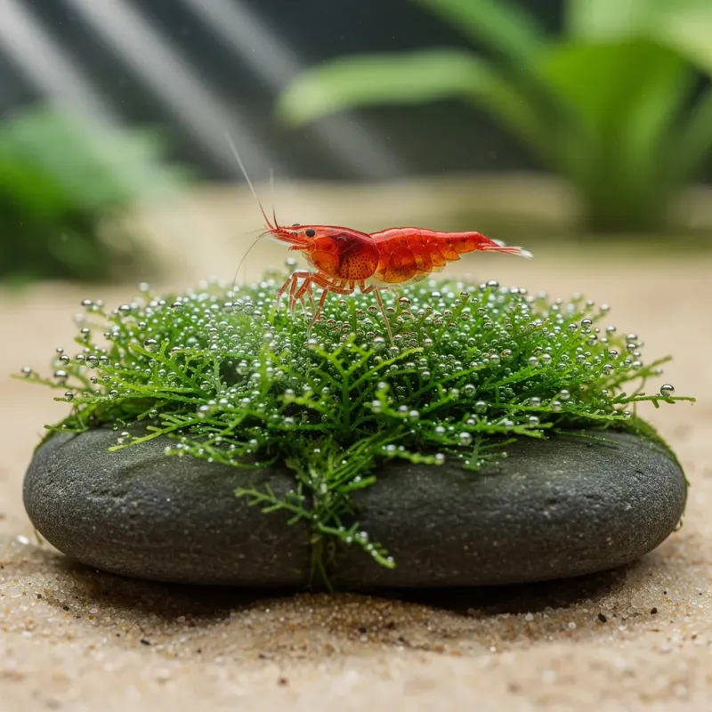 Riccia fluitans im Amano-Stil auf Stein gebunden mit Sauerstoffperlen und roter Garnele auf dem Moospolster