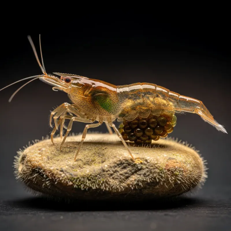 Wildform-Neocaridina Weibchen mit Eiern — natürliche braun-transparente Färbung mit Rückenstrich